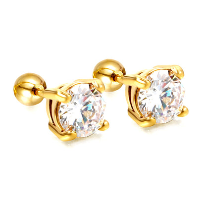 Steel Bead Screwback Round Earrings with White Diamonds 6.9mm