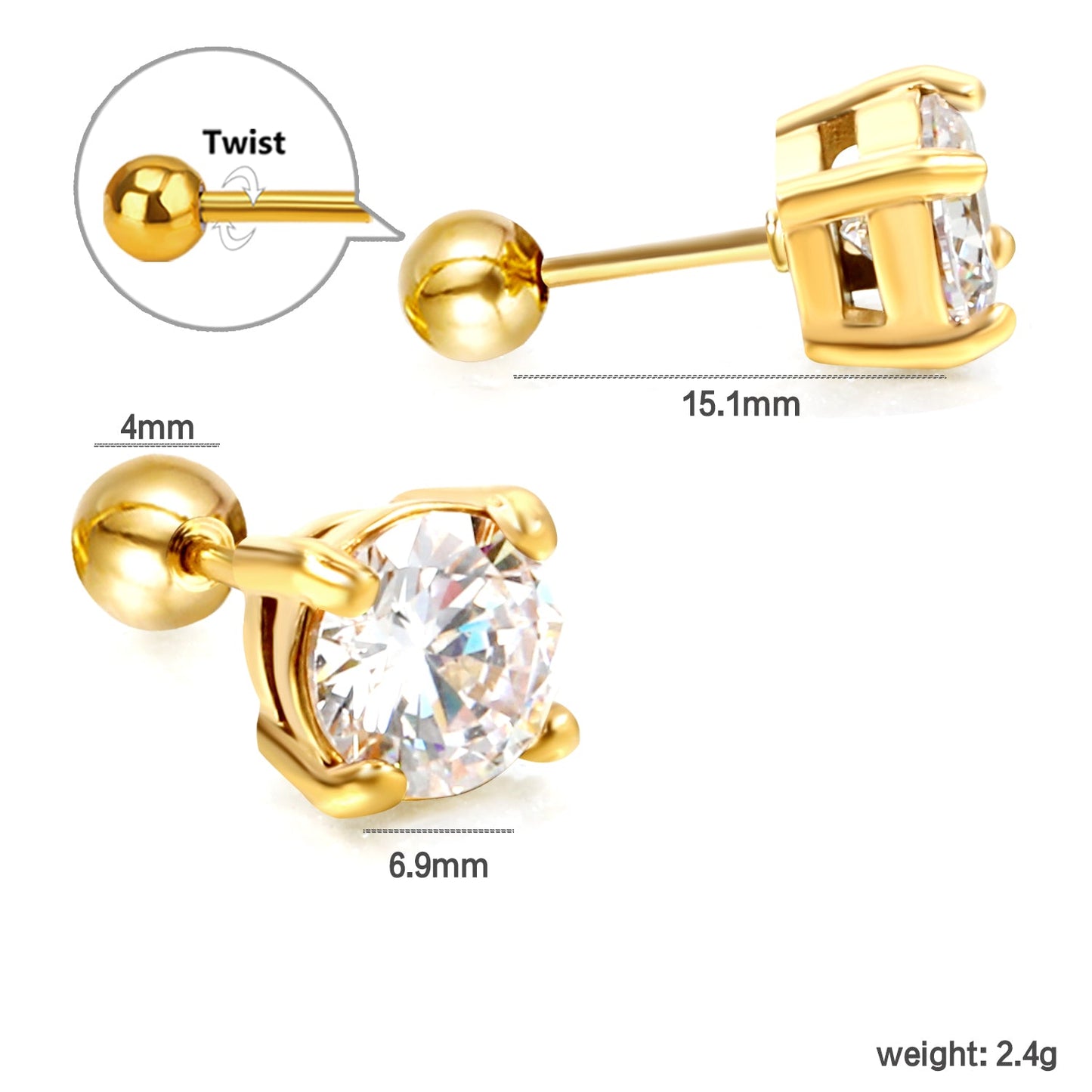 Steel Bead Screwback Round Earrings with White Diamonds 6.9mm