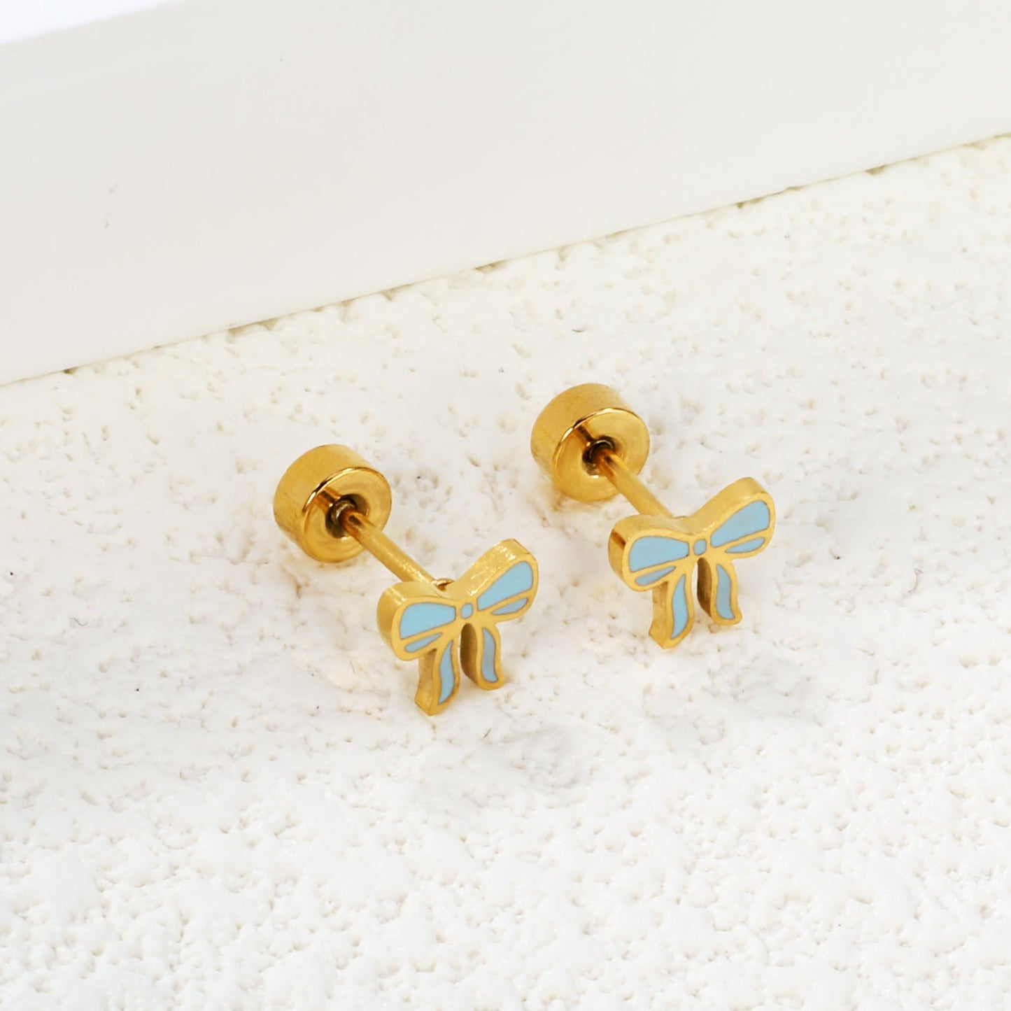 Screw plug 0.8*8mm pin bow with blue drop earrings 6.3*5.6mm gold color