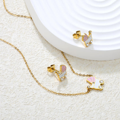 ✨10.5x12mm Pink & White Rocking Teardrop Set  Diamond Accents | Gold/Silver Stainless Steel Necklace & Earrings | 42+5cm | Wholesale