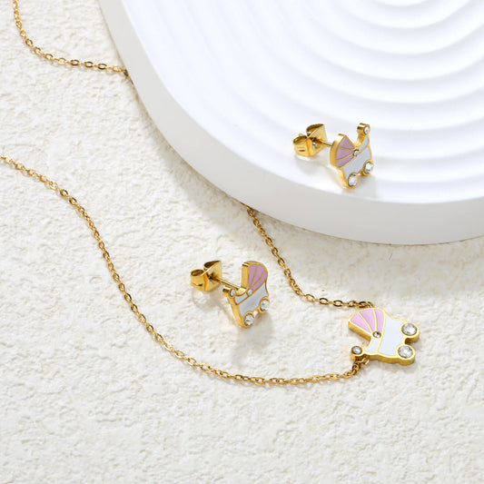 ✨10.5x12mm Pink & White Rocking Teardrop Set  Diamond Accents | Gold/Silver Stainless Steel Necklace & Earrings | 42+5cm | Wholesale