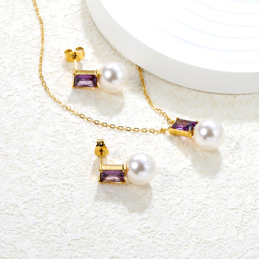 ✨ Wholesale Gold Stainless Steel Rectangular Purple Zircon & Pearl Pendant Set (7.5x5.5mm) | 40+5cm Chain | 7g