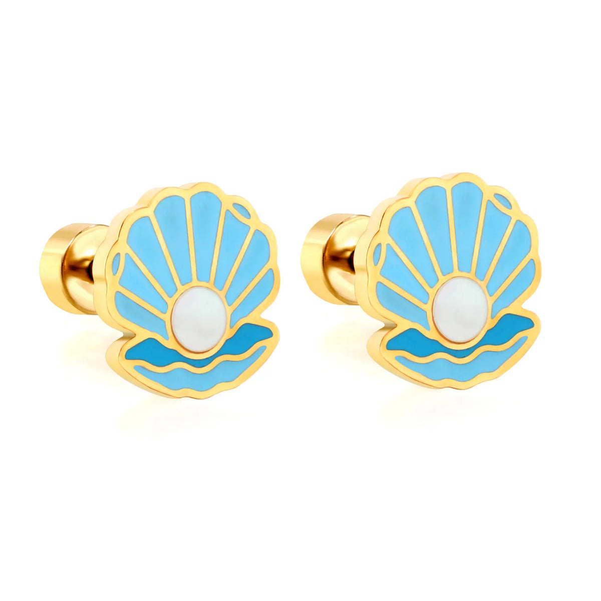 Summer Blue Seashell with Pearl Screw Back Stud Earrings | MOQ 12 | Bulk Order for Summer