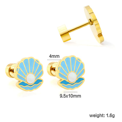 Summer Blue Seashell with Pearl Screw Back Stud Earrings | MOQ 12 | Bulk Order for Summer