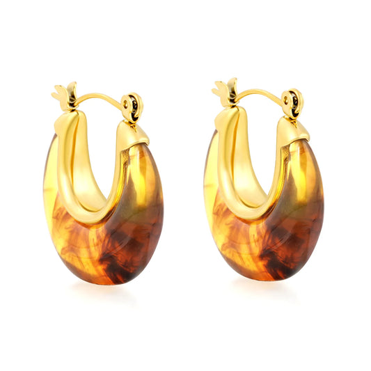 Tortoiseshell Resin U Shape Hoop Earrings | MOQ 12 | 18K Gold Plated Stainless Steel | Retro Earrings Wholesale MOQ 12