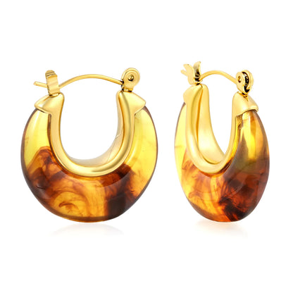 Tortoiseshell Resin U Shape Hoop Earrings | MOQ 12 | 18K Gold Plated Stainless Steel | Retro Earrings Wholesale MOQ 12