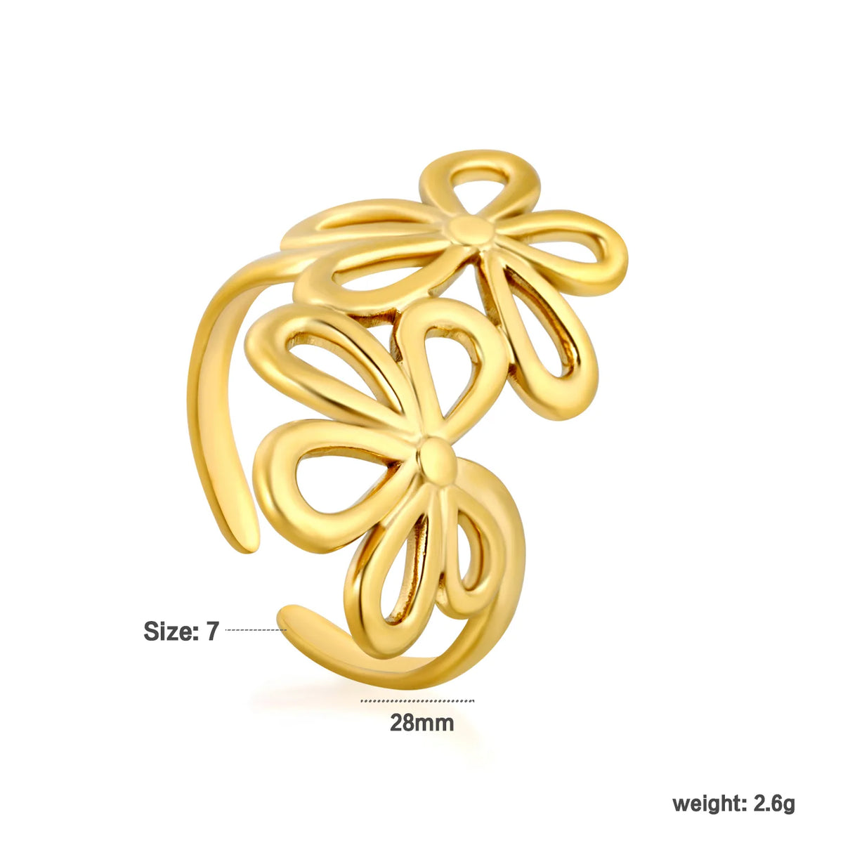 Double Hollow Flower Open Cuff Ring | Size 7 | 18K Gold Plated Stainless Steel Floral Statement Ring Wholesale