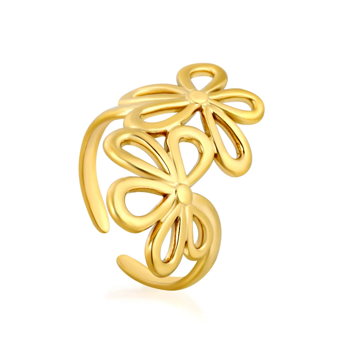 Double Hollow Flower Open Cuff Ring | Size 7 | 18K Gold Plated Stainless Steel Floral Statement Ring Wholesale