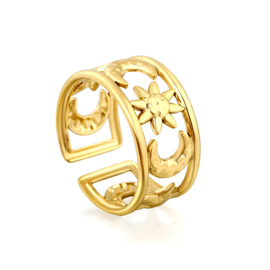 Moon and Star Sunburst Open Cuff Ring | Gold & Two-Tone Color | Size 7 | MOQ 12