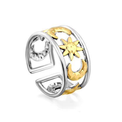 Moon and Star Sunburst Open Cuff Ring | Gold & Two-Tone Color | Size 7 | MOQ 12