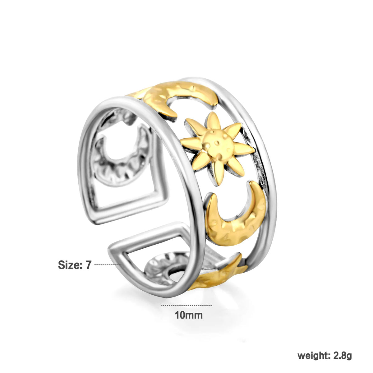 Moon and Star Sunburst Open Cuff Ring | Gold & Two-Tone Color | Size 7 | MOQ 12