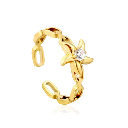 CZ Starfish Chain Open Cuff Ring | 18K Gold Plated Stainless Steel | Wholesale MOQ 12