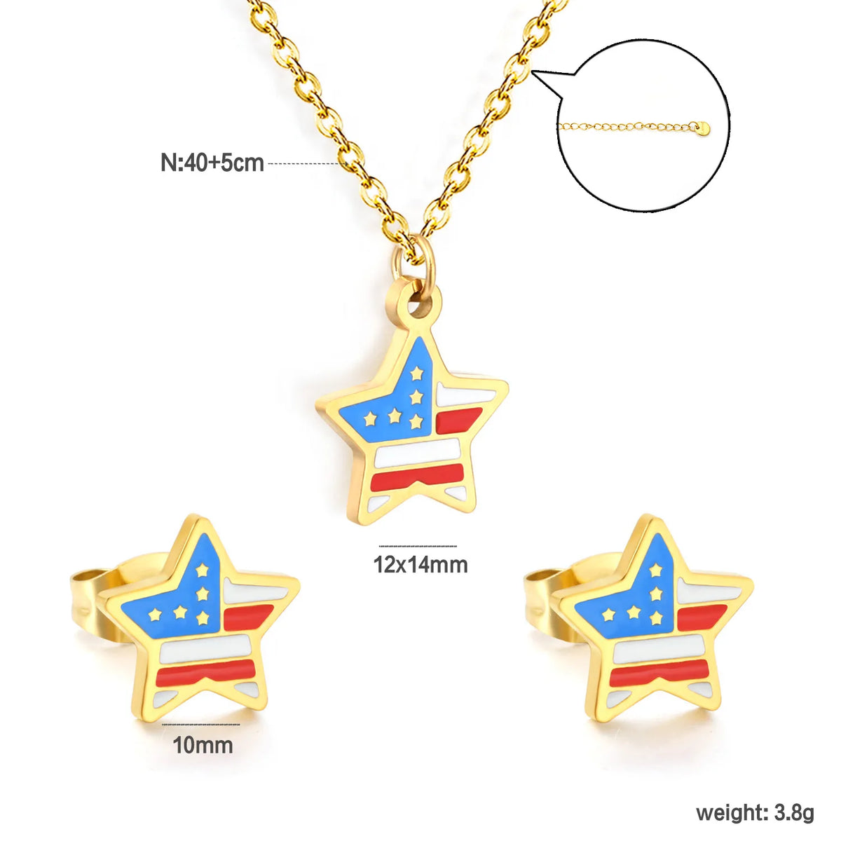 Star USA Flag Dripping Oil Jewelry Set | 18K Gold Plated | Necklace & Stud Earrings | Wholesale MOQ 12