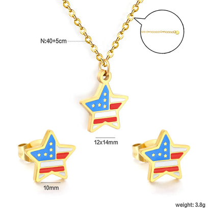 Star USA Flag Dripping Oil Jewelry Set | 18K Gold Plated | Necklace & Stud Earrings | Wholesale MOQ 12