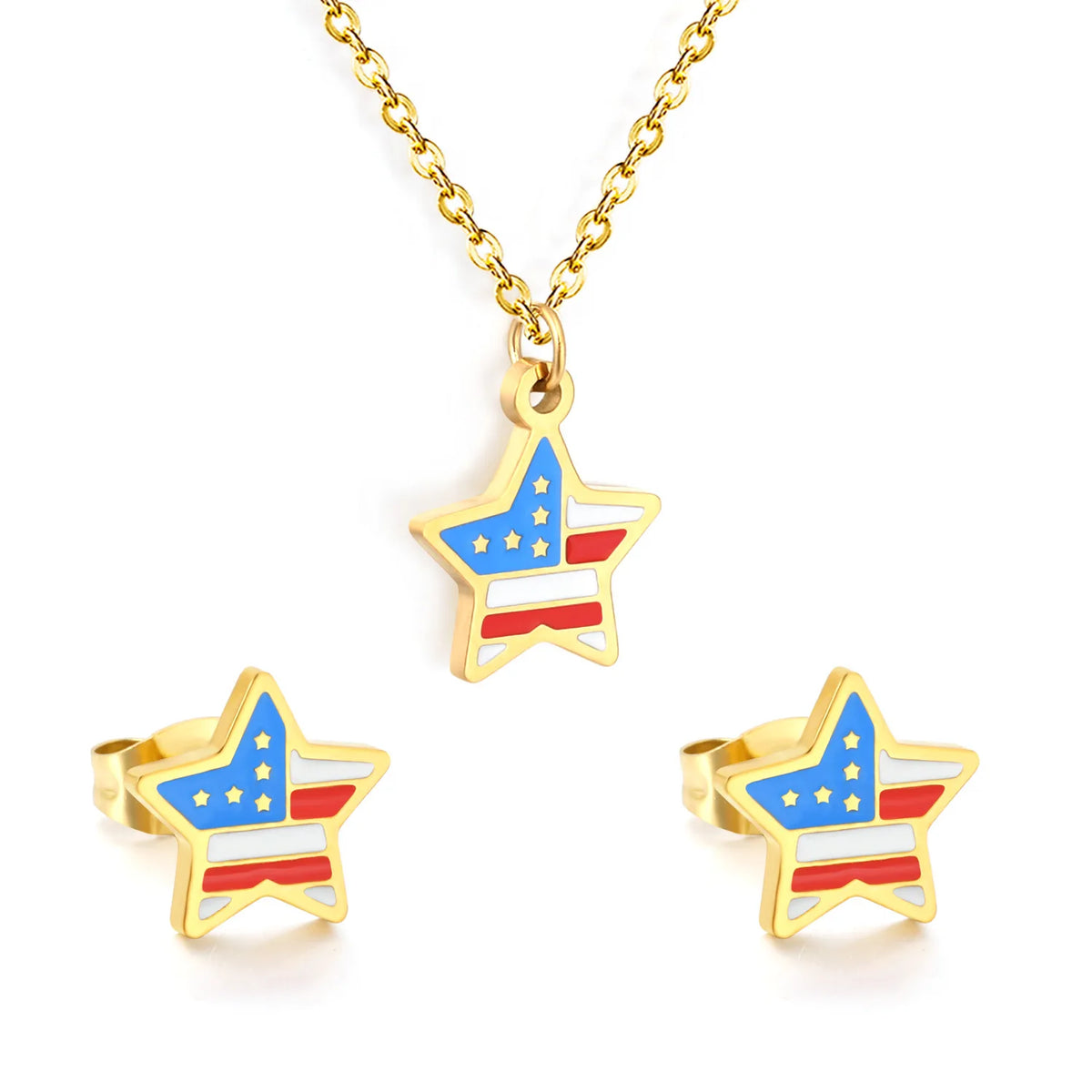 Star USA Flag Dripping Oil Jewelry Set | 18K Gold Plated | Necklace & Stud Earrings | Wholesale MOQ 12