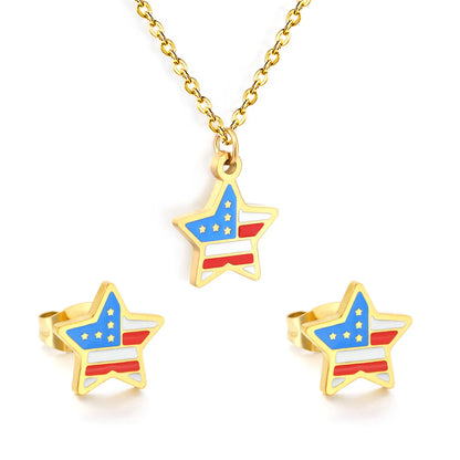 Star USA Flag Dripping Oil Jewelry Set | 18K Gold Plated | Necklace & Stud Earrings | Wholesale MOQ 12