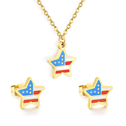 Star USA Flag Dripping Oil Jewelry Set | 18K Gold Plated | Necklace & Stud Earrings | Wholesale MOQ 12