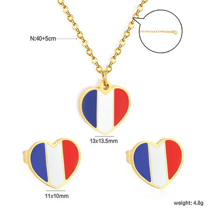 18K Gold Plated Heart France Flag Oil Dripping Jewelry Set | Necklace & Stud Earrings | National Flag Souvenir Jewelry MOQ 12
