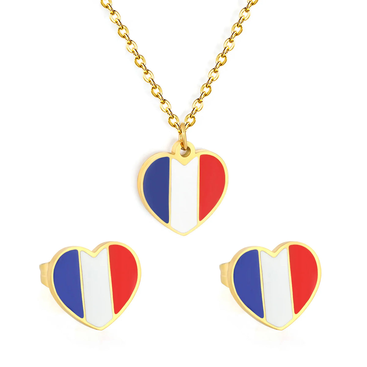 18K Gold Plated Heart France Flag Oil Dripping Jewelry Set | Necklace & Stud Earrings | National Flag Souvenir Jewelry MOQ 12