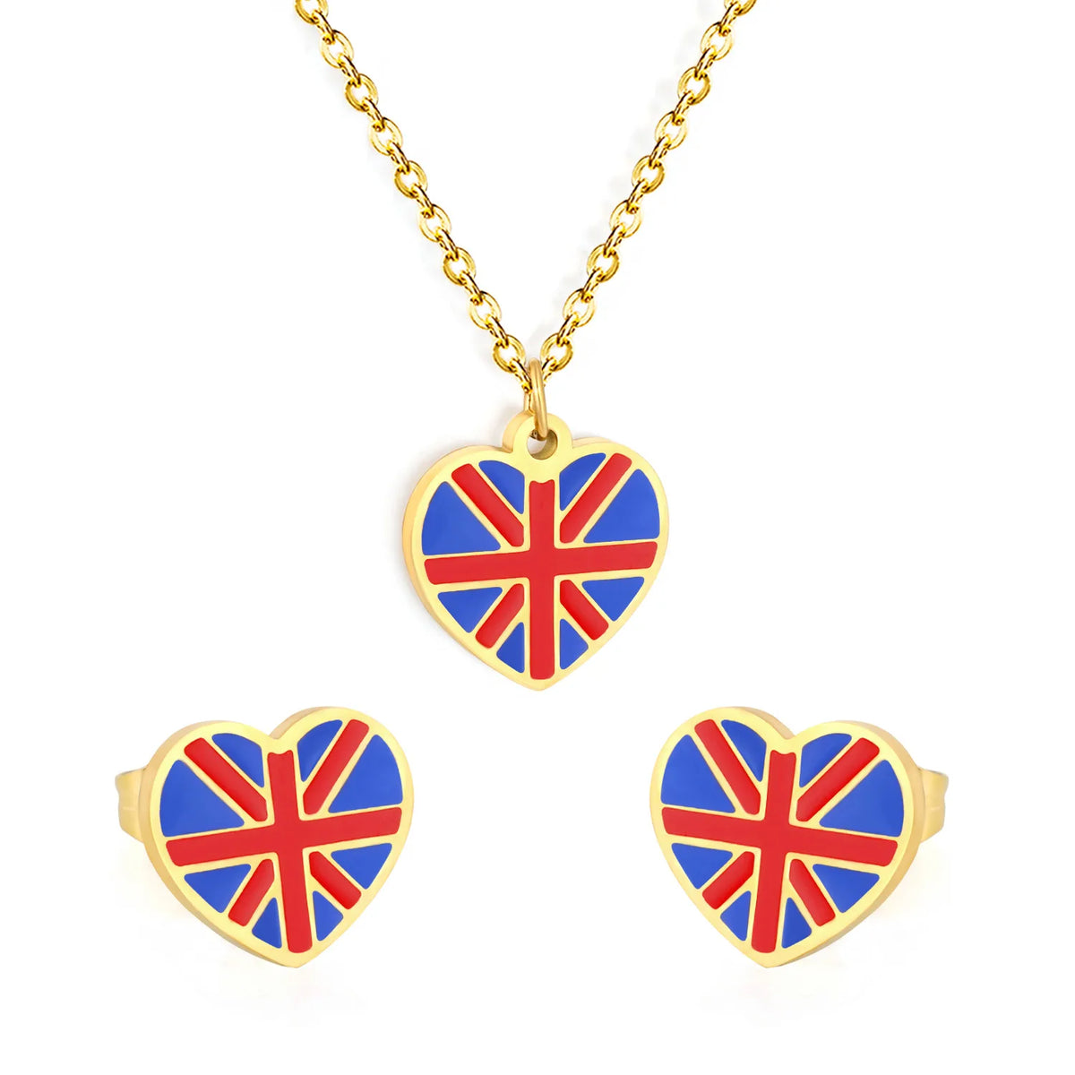 Wholesale UK Union Jack Flag Heart Dripping Oil Necklace Earring Set | 18K Gold Plated | MOQ 12