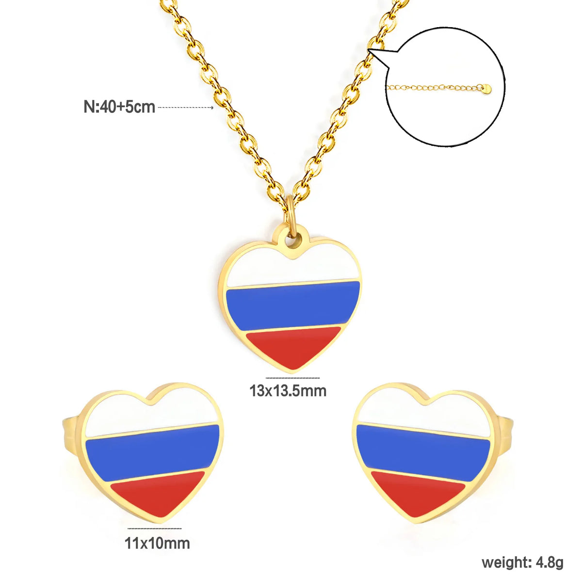 18K Gold Plated National Flag Souvenir Jewelry Set | Heart Russia Flag | Necklace & Stud Earrings | Wholesale MOQ 12