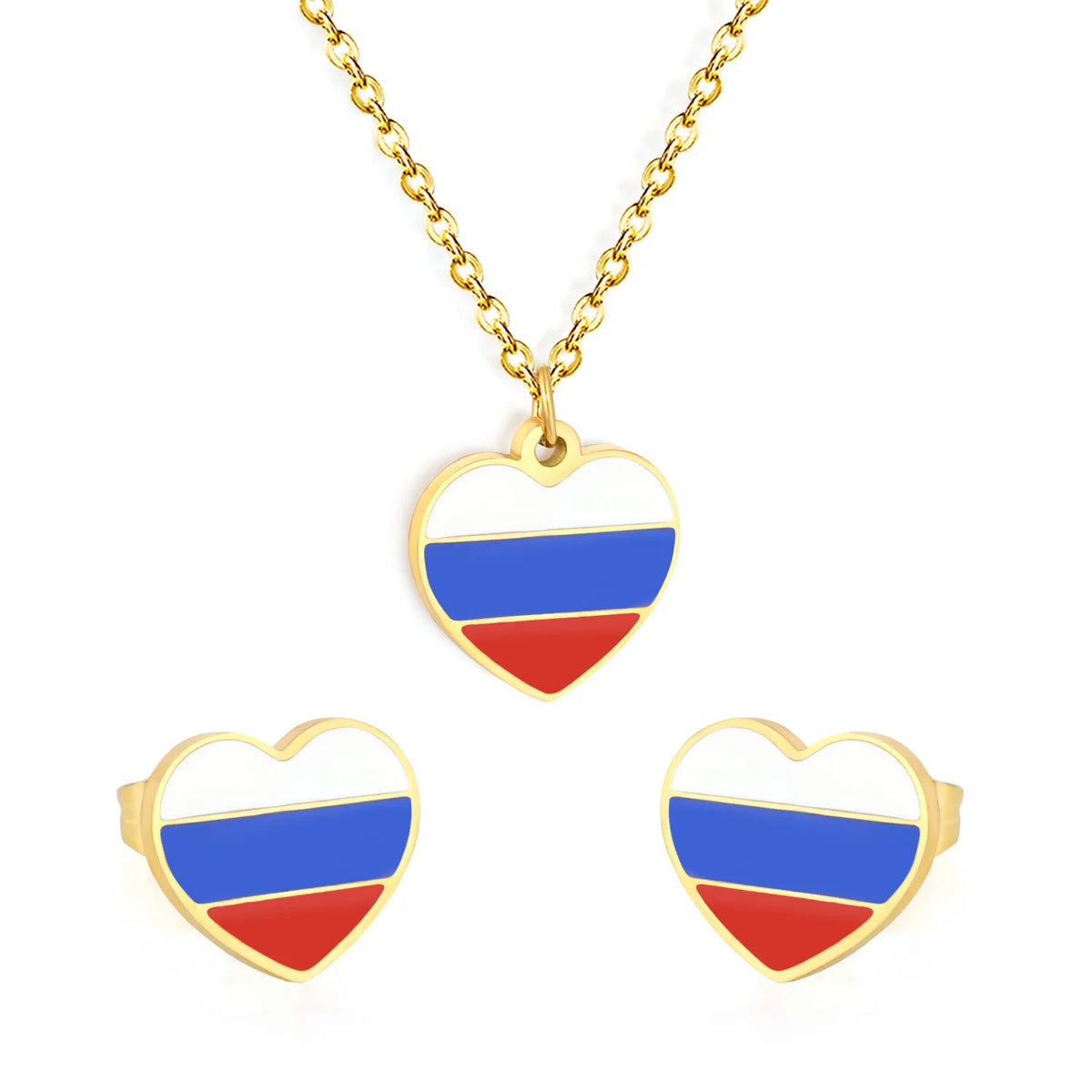 18K Gold Plated National Flag Souvenir Jewelry Set | Heart Russia Flag | Necklace & Stud Earrings | Wholesale MOQ 12
