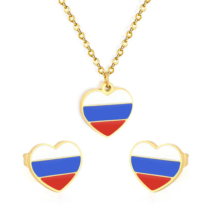 18K Gold Plated National Flag Souvenir Jewelry Set | Heart Russia Flag | Necklace & Stud Earrings | Wholesale MOQ 12