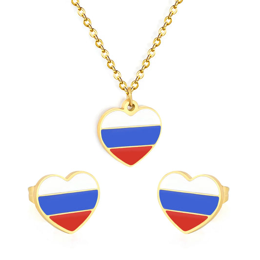 18K Gold Plated National Flag Souvenir Jewelry Set | Heart Russia Flag | Necklace & Stud Earrings | Wholesale MOQ 12