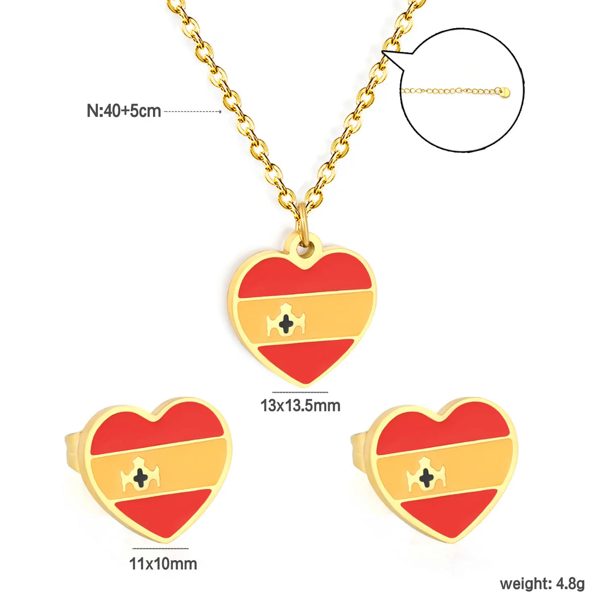 Heart Spain Flag Dripping Oil 18K Gold Plated Jewelry Set | Necklace & Stud Earrings MOQ 12 |