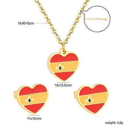 Heart Spain Flag Dripping Oil 18K Gold Plated Jewelry Set | Necklace & Stud Earrings MOQ 12 |