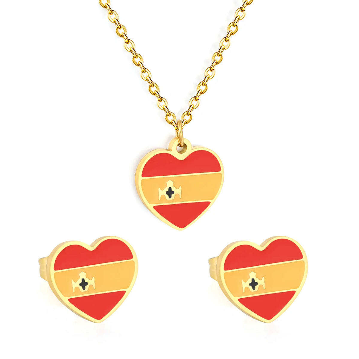 Heart Spain Flag Dripping Oil 18K Gold Plated Jewelry Set | Necklace & Stud Earrings MOQ 12 |