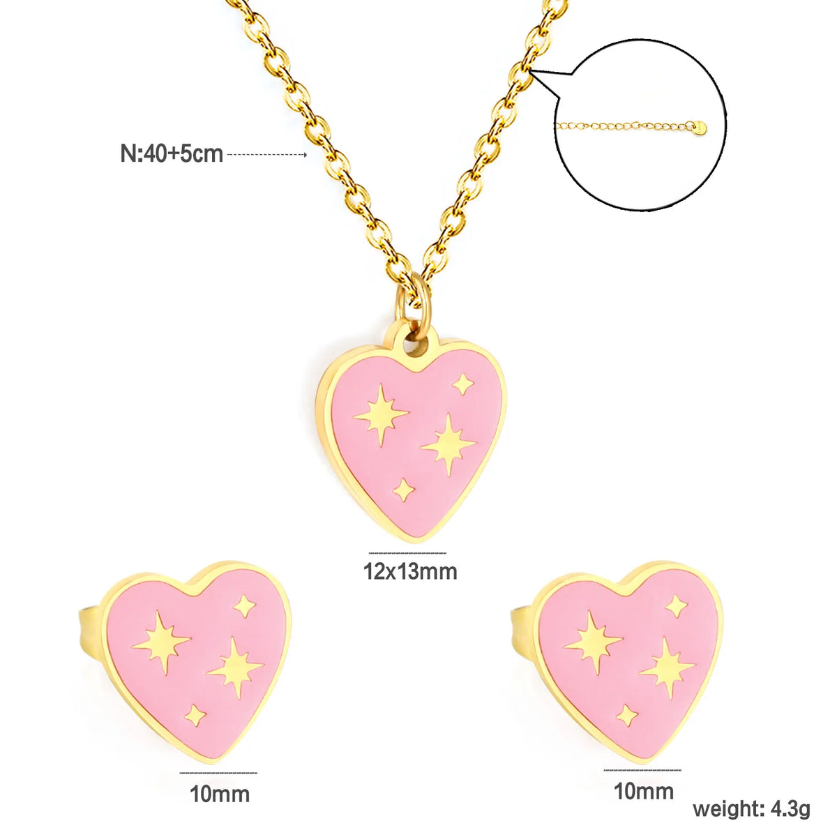 Sweet Pink Star Heart with Starburst Pattern Jewelry Set | Necklace & Stud Earrings | Wholesale MOQ 12