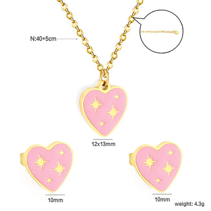 Sweet Pink Star Heart with Starburst Pattern Jewelry Set | Necklace & Stud Earrings | Wholesale MOQ 12