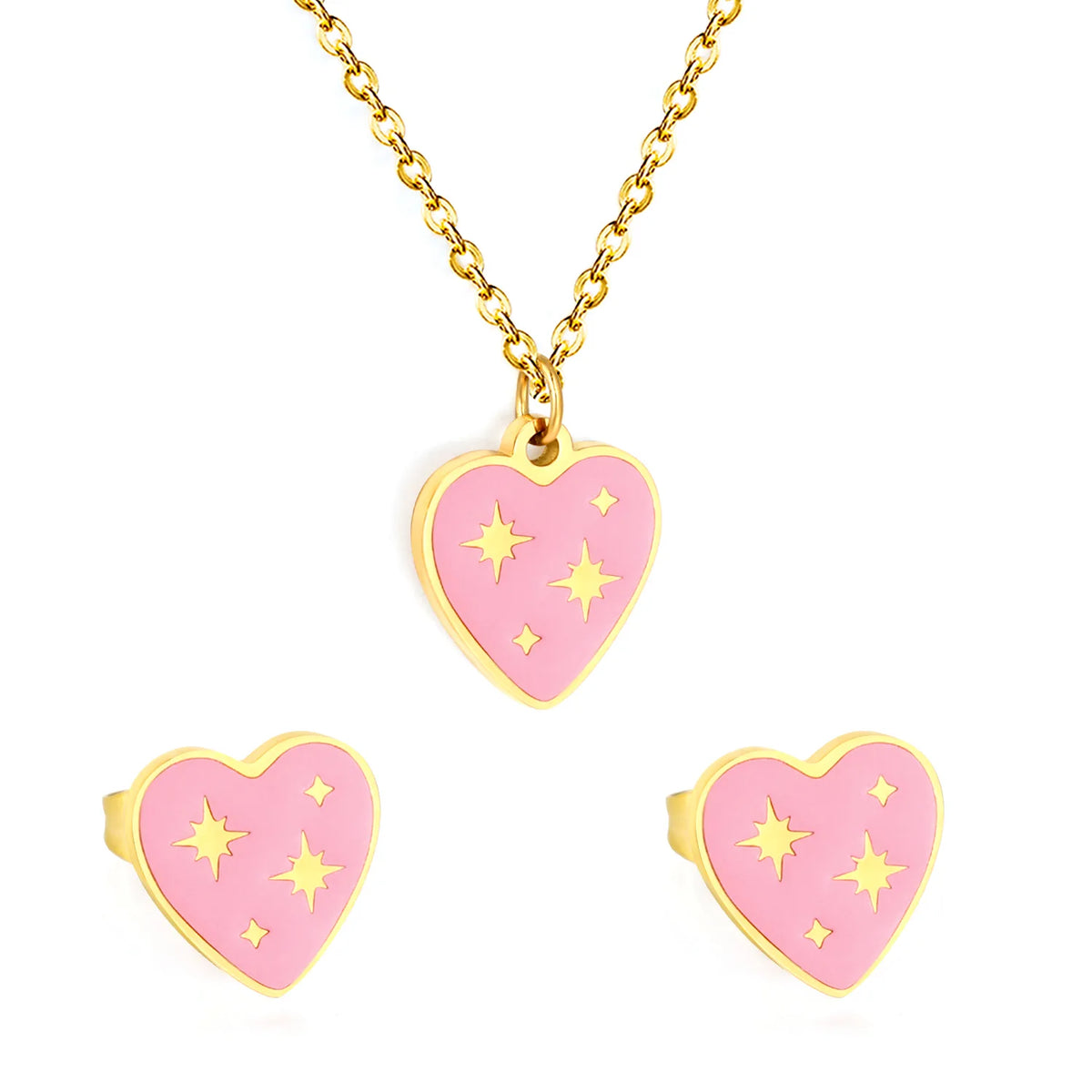 Sweet Pink Star Heart with Starburst Pattern Jewelry Set | Necklace & Stud Earrings | Wholesale MOQ 12