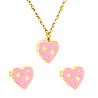 Sweet Pink Star Heart with Starburst Pattern Jewelry Set | Necklace & Stud Earrings | Wholesale MOQ 12