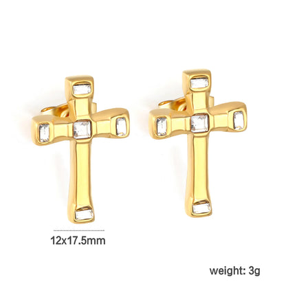 Wholesale Baguette CZ Cross Stud Earrings | 18K Gold Plated Stainless Steel | Religious Earrings for Bulk Order
