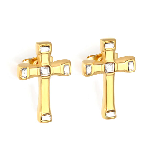 Wholesale Baguette CZ Cross Stud Earrings | 18K Gold Plated Stainless Steel | Religious Earrings for Bulk Order