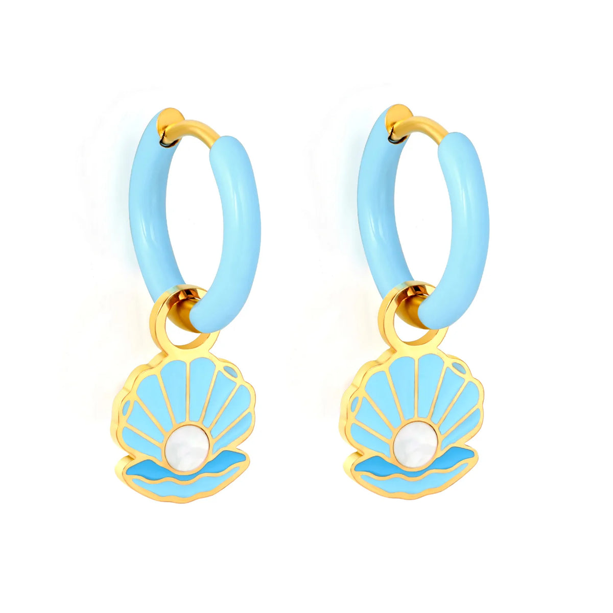 Blue Seashell Drop Huggie Hoop Earrings | MOQ 12 | Summer Beach Earrings Wholesale
