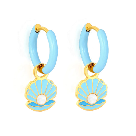 Blue Seashell Drop Huggie Hoop Earrings | MOQ 12 | Summer Beach Earrings Wholesale