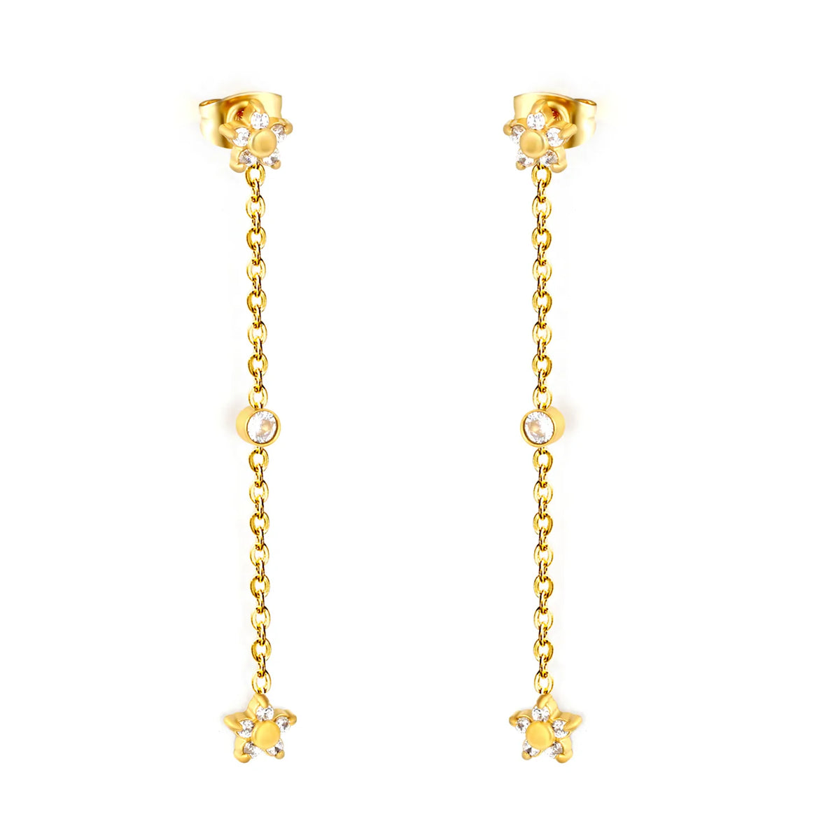 4 Styles Dainty CZ Long Chain Drop Stud Earrings | 18K Gold Plated Stainless Steel | Tassel Earrings Wholesale MOQ 12