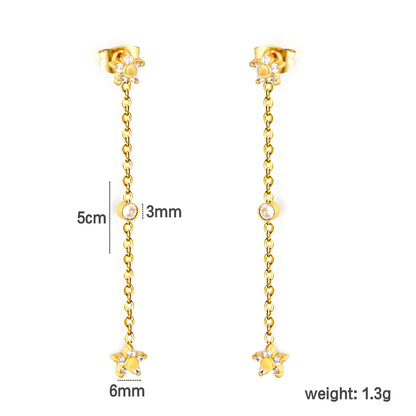 4 Styles Dainty CZ Long Chain Drop Stud Earrings | 18K Gold Plated Stainless Steel | Tassel Earrings Wholesale MOQ 12