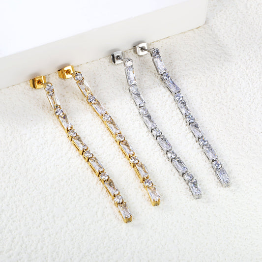 Earrings 5.83 rectangle + 3mm round white diamonds 5.5cm gold/steel color