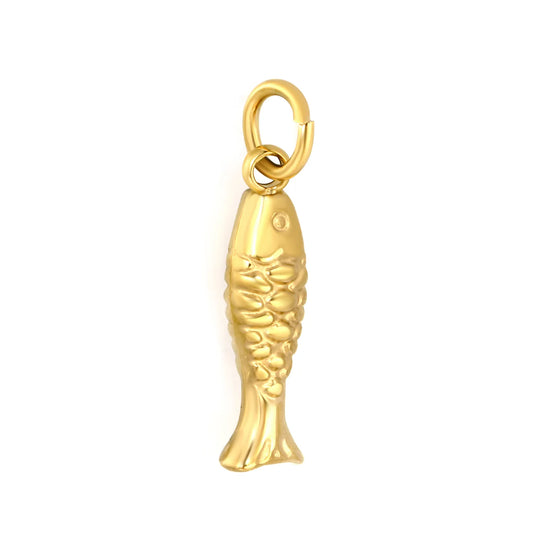 Embossed Scaled Fish Charm 18K Gold Plated Stainless Steel Pendant