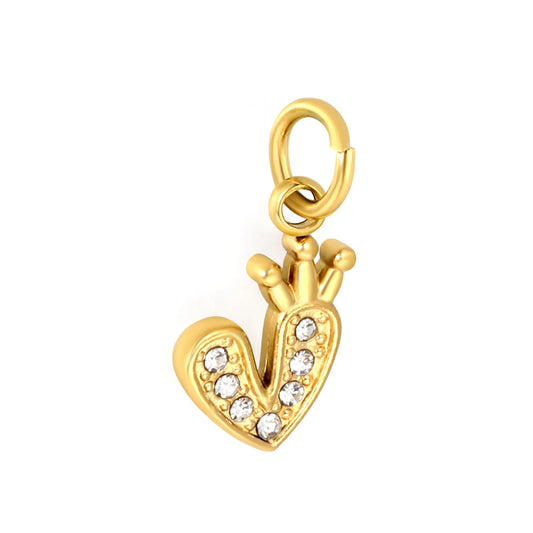 Crowned Heart Charm with Inlaid Clear Crystals 18K Gold Plated Stainless Steel Pendant