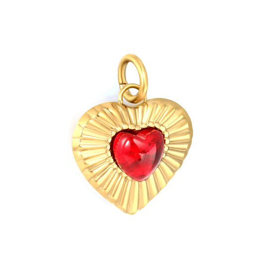 Vintage Sunburst Red Heart Crystal Charm Accessory Textured 18k Gold Plated Tone Pendant