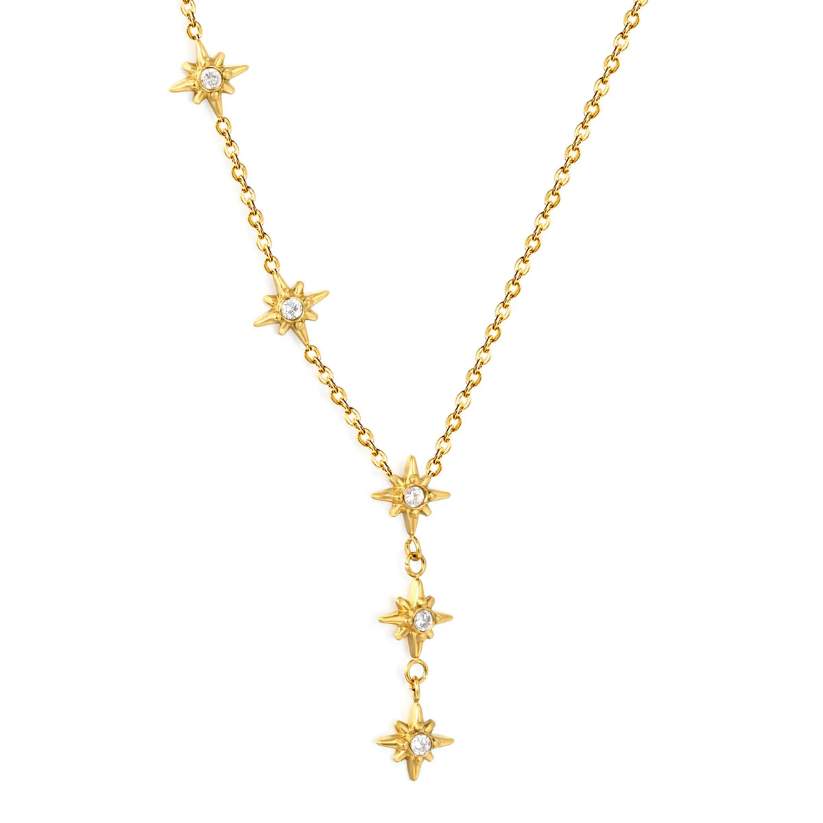 North Star CZ Station Rolo Chain Necklace | 18K Gold Plated | Multi Star Charms Design