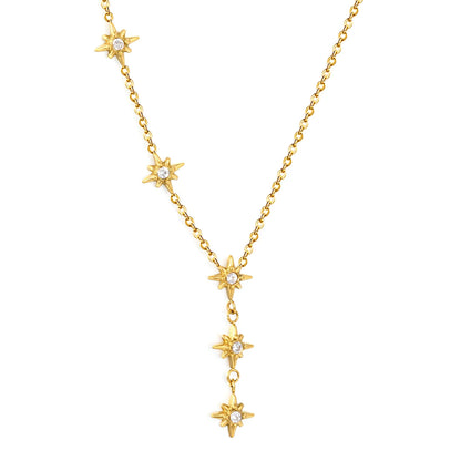 North Star CZ Station Rolo Chain Necklace | 18K Gold Plated | Multi Star Charms Design