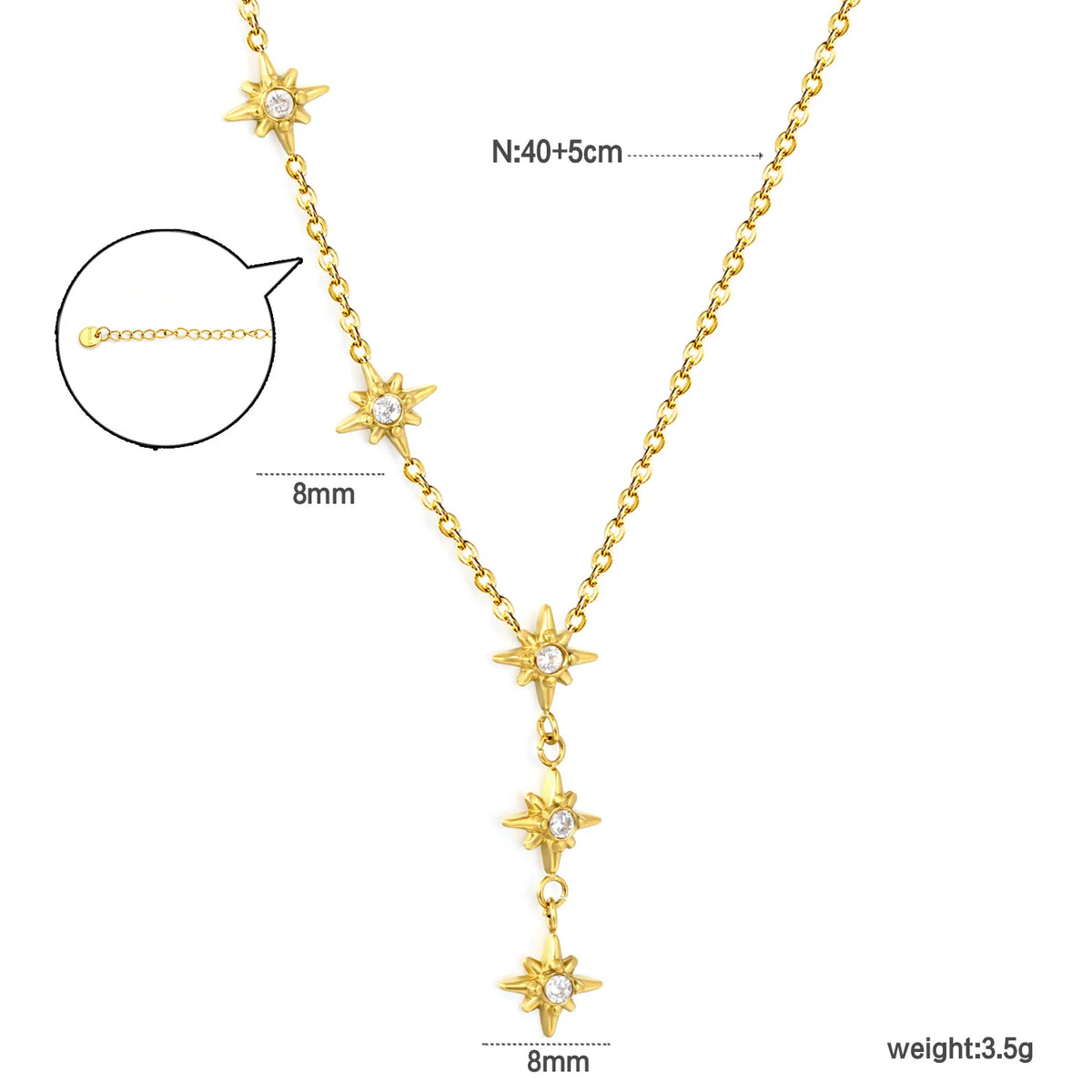 North Star CZ Station Rolo Chain Necklace | 18K Gold Plated | Multi Star Charms Design
