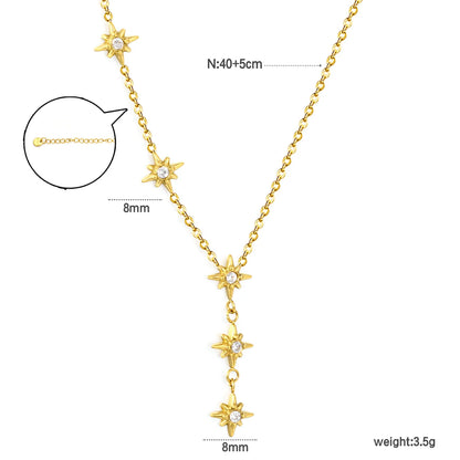 North Star CZ Station Rolo Chain Necklace | 18K Gold Plated | Multi Star Charms Design