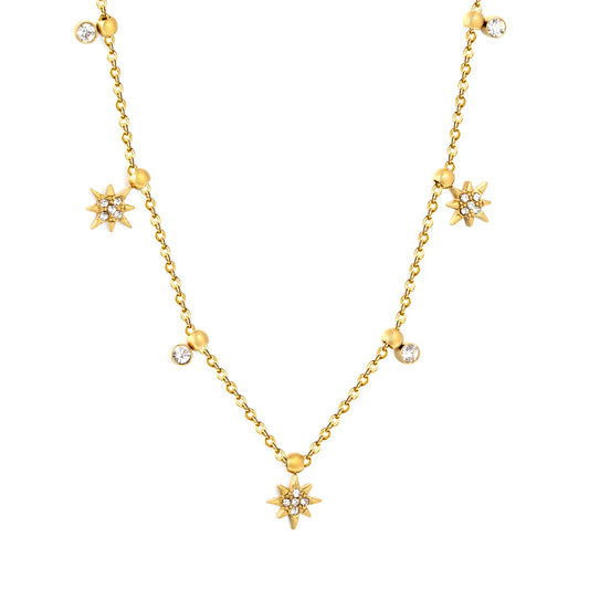 18K Gold Plated Star & Round CZ Mixed Charms Design Chain Necklace | 18K Gold Plated | MOQ 12